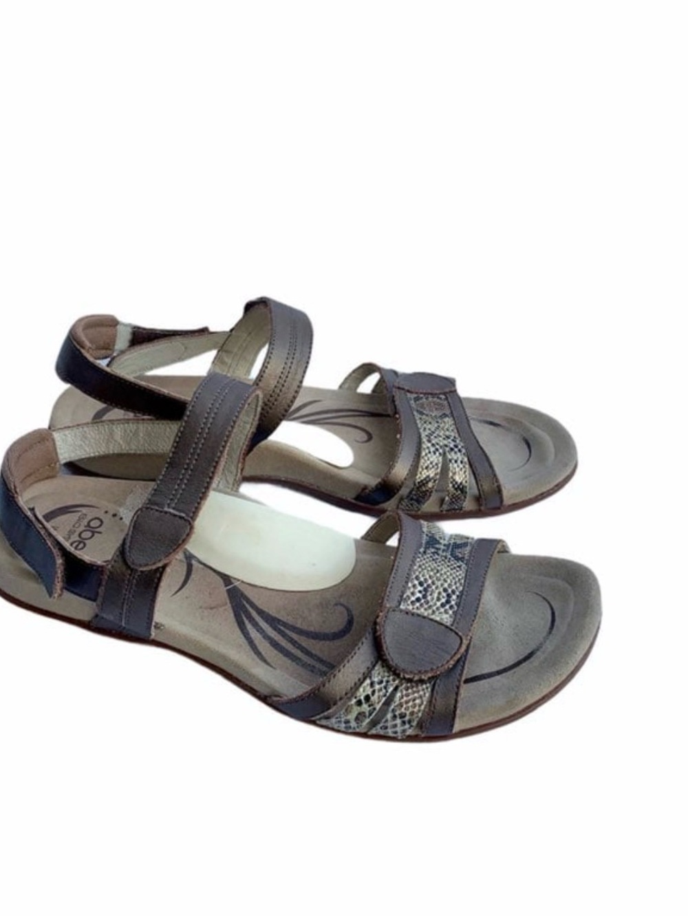 Abeo Brown Leather-Strap Sandals with Snake-Print Accent